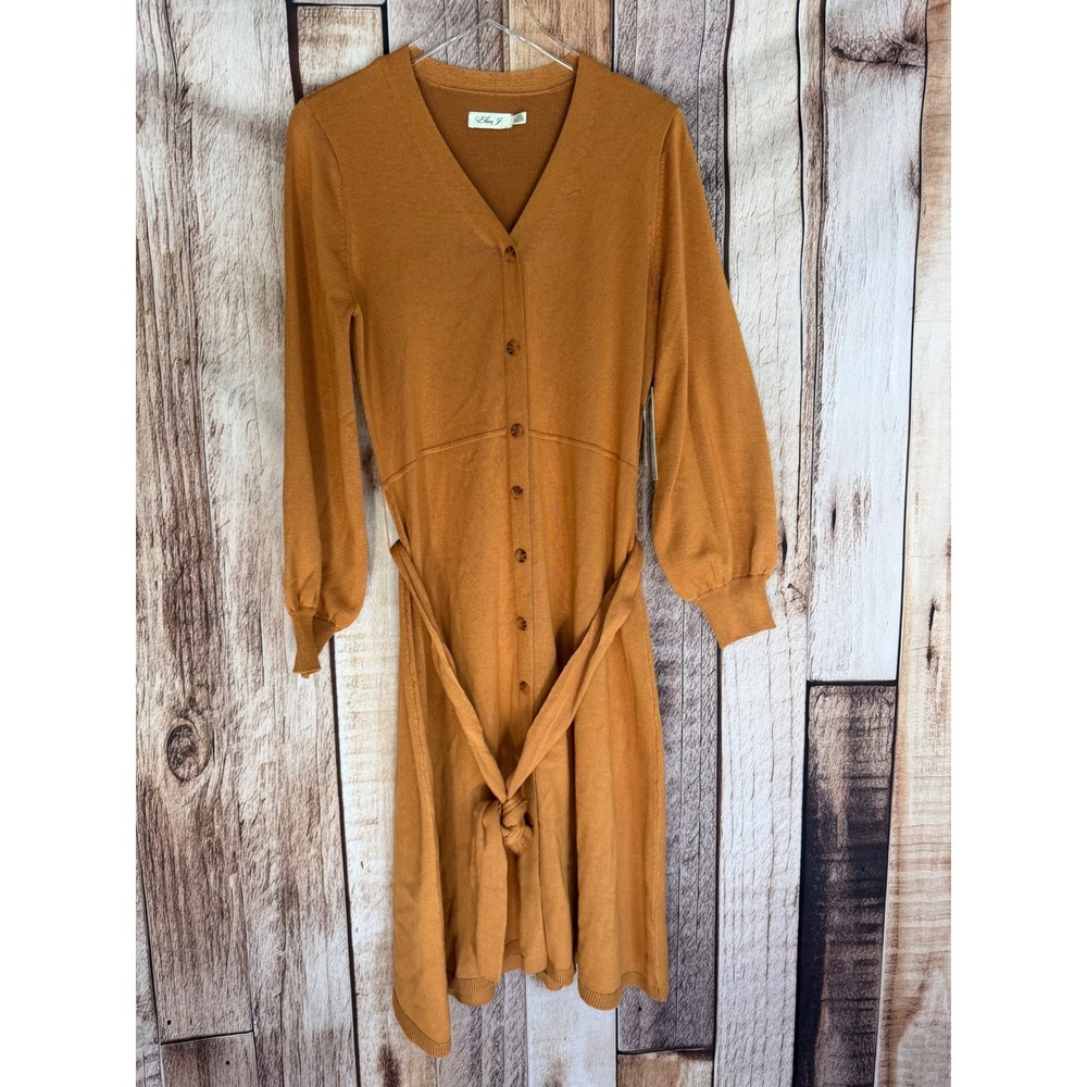 Eliza J Sweater Knit Midi Dress Tie Waist Button Front Camel Fall Size Large NWT